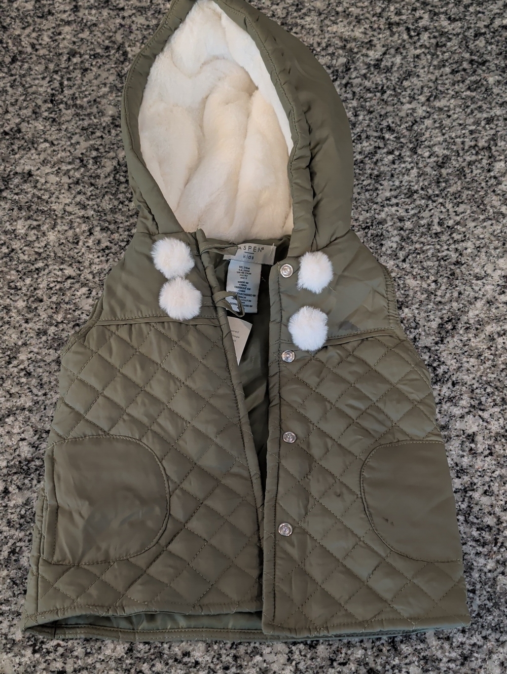 Kids Quilted Hooded Vest with Faux Fur Pom Trim - Olive